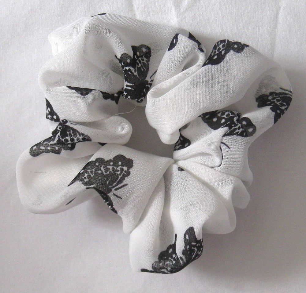 White with Black Butterfly Chiffon Hair Scrunchy - Small