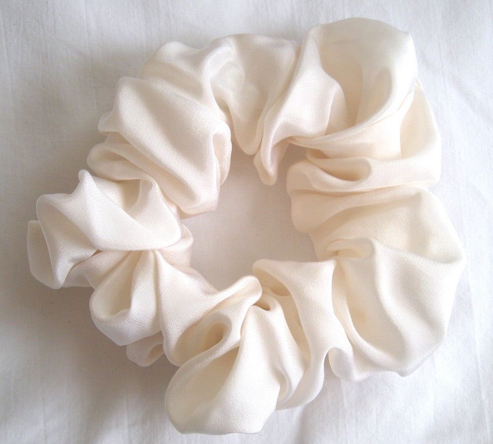 White Silk Crepe de Chine Hair Scrunchy - Full