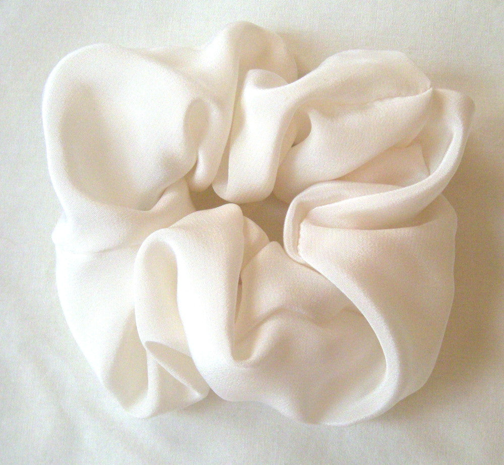 White Silk Crepe de Chine Hair Scrunchy - Large