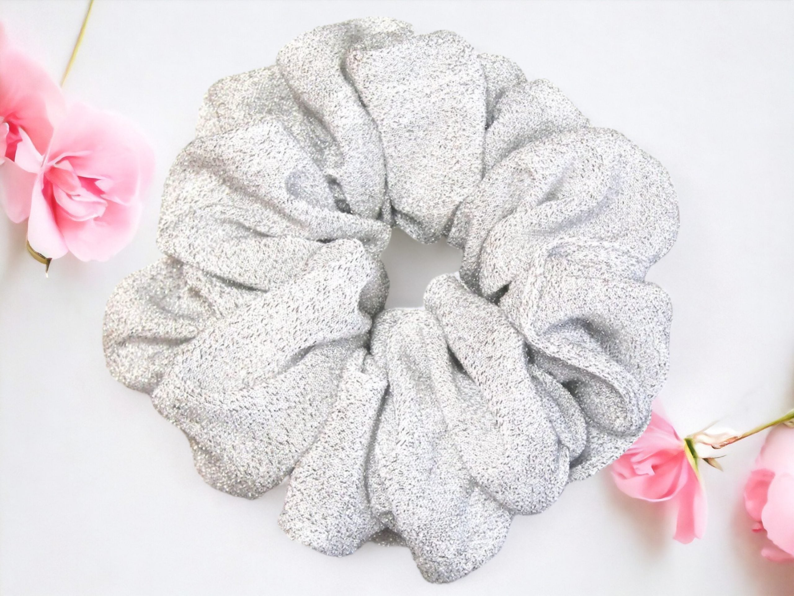 Celestial Shimmer: Silver & White Sparkle Hair Scrunchy - Elevate Your Hairstyle with Radiant Elegance! - Jumbo