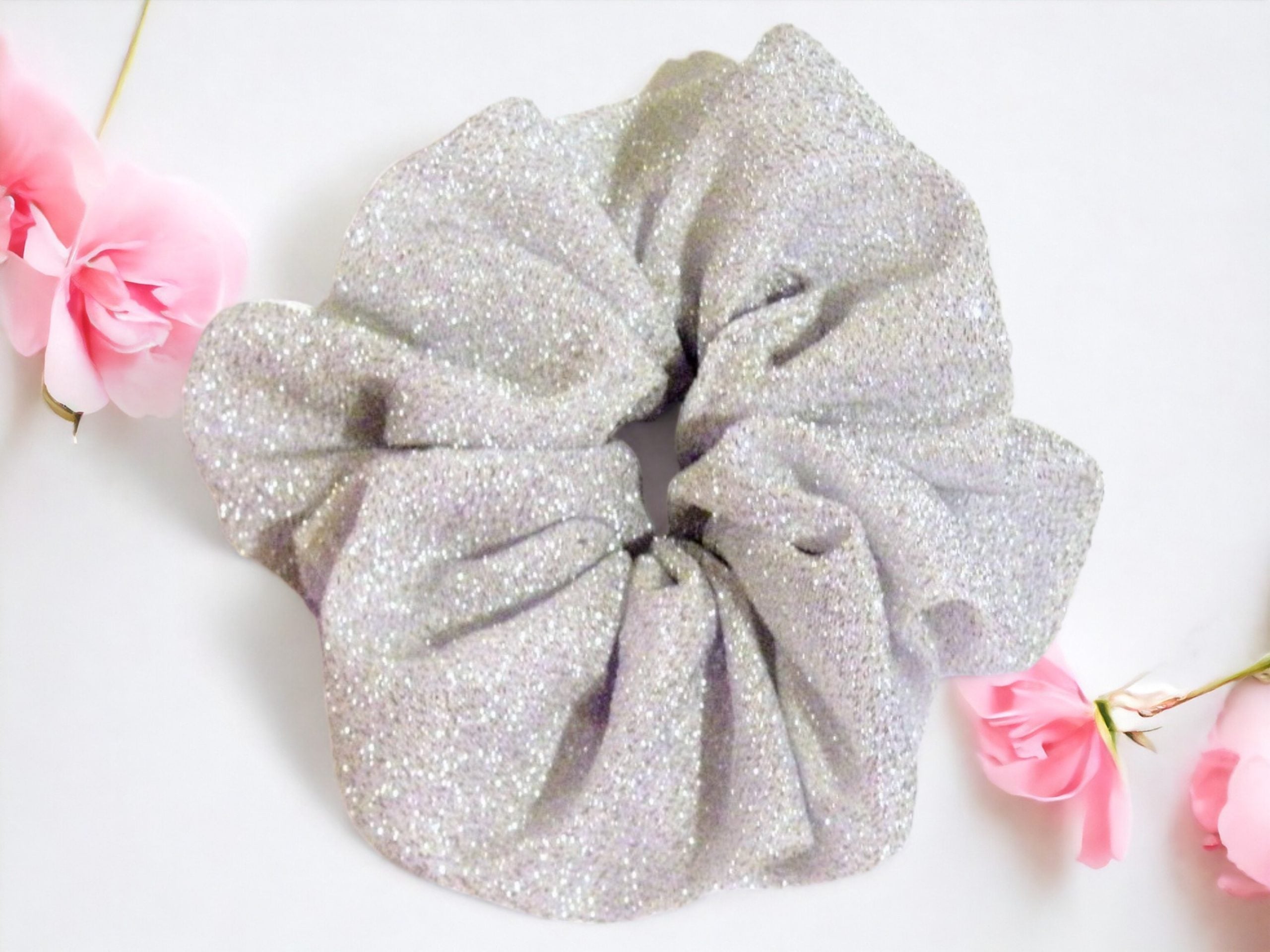 Celestial Shimmer: Silver & White Sparkle Hair Scrunchy - Elevate Your Hairstyle with Radiant Elegance! - Large