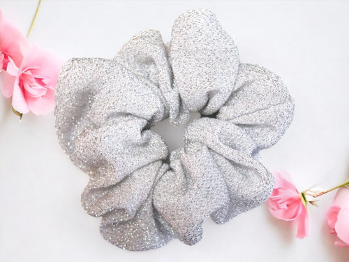 Celestial Shimmer: Silver & White Sparkle Hair Scrunchy - Elevate Your Hairstyle with Radiant Elegance! - Regular