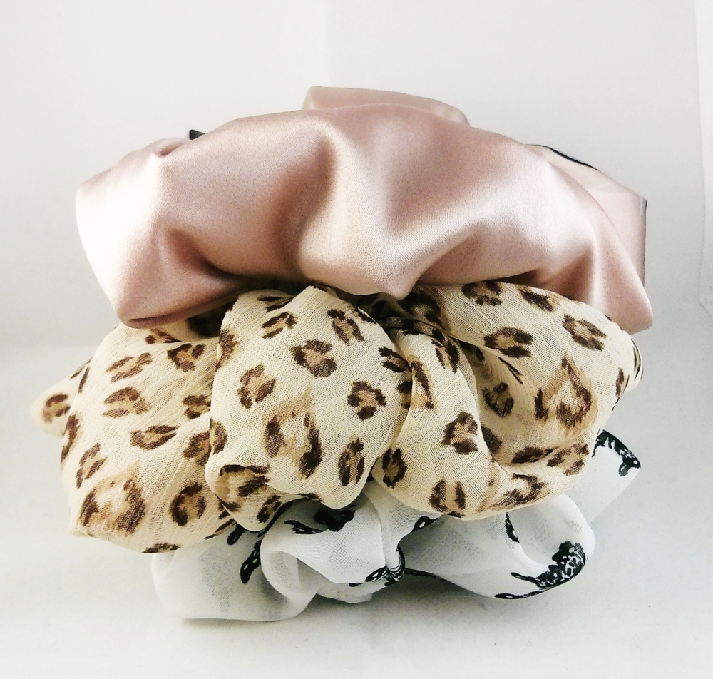 Stacked hair scrunchies made by Penny's Boutique - silk and chiffon scrunchies